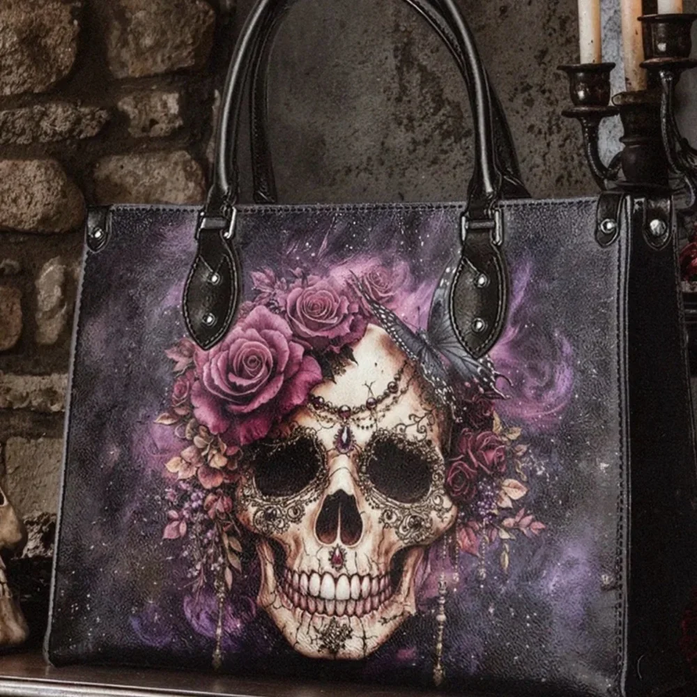 Floral Skull Tote Bag and Wallet combo. Black and Purple - Picture 2 of 10